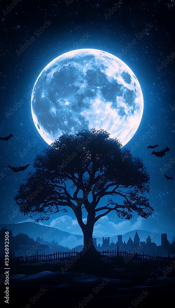 Naklejka premium Blue Moon with Bats, and Lone Tree.