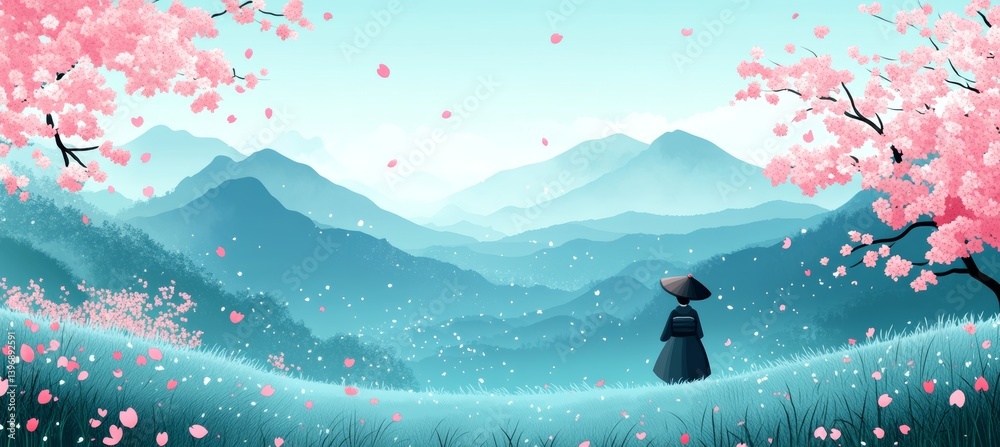 A person on mountain hill with bloom Sakura flower. Traditional oriental Japanese illustration style background. Generative AI technology.