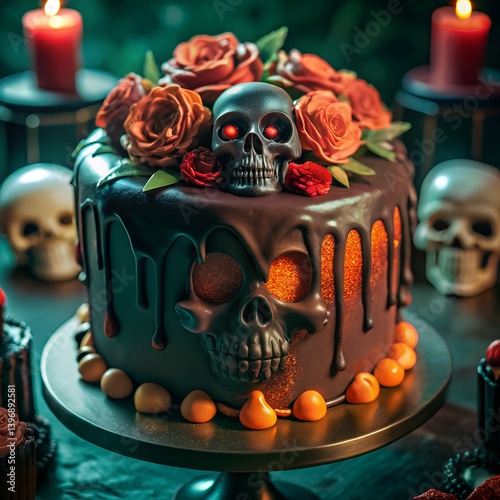 Evil skull and dead roses Halloween decoration
