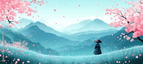 Obraz na płótnie A person on mountain hill with bloom Sakura flower. Traditional oriental Japanese illustration style background. Generative AI technology. w salonie