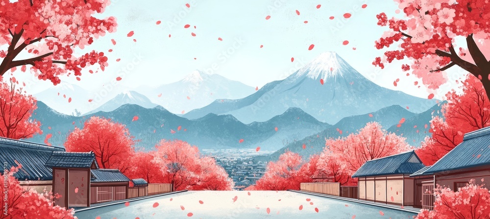 Japan village road with Sakura tree and snow mountain background. Traditional oriental Japanese illustration style background. Generative AI technology.