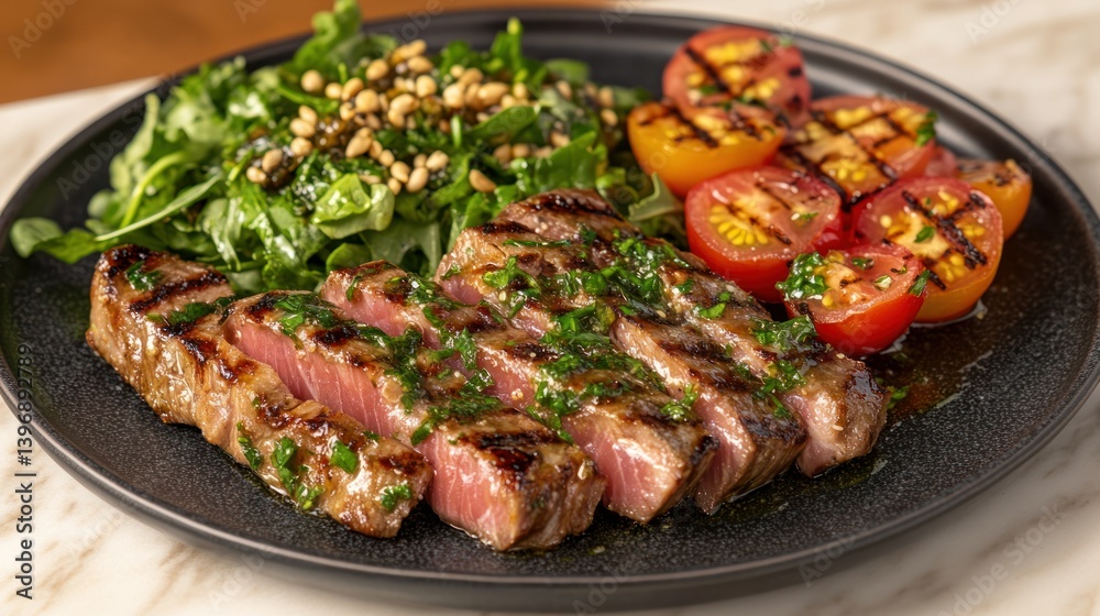 Grilled steak with arugula salad and cherry tomatoes Grilled steak with arugula salad and cherry tomatoes