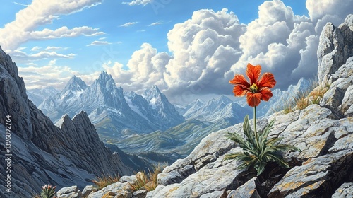 Solitary poppy blooms atop mountain, majestic peaks background, idyllic landscape, postcard