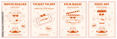 Retro posters featuring characters of a clapperboard, cup, ticket and popcorn in a groovy style. International Cinema Day. Funny characters with eyes, legs, and arms. Cinema and relaxation. Vector
