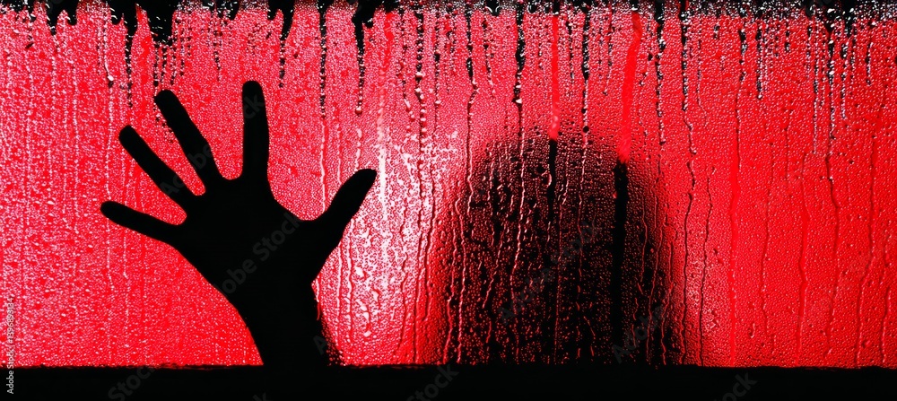 Long hair ghost hand behind red window. Horror creepy haunted background. Generative AI technology.