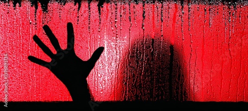 Obraz na płótnie Long hair ghost hand behind red window. Horror creepy haunted background. Generative AI technology. w salonie