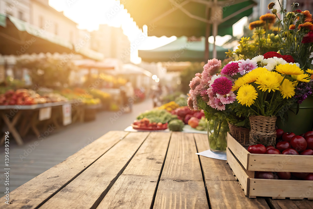Fototapeta premium Early Morning Farmers' Market with Colorful Flowers and Fresh Produce – Rustic Charm and Natural Light