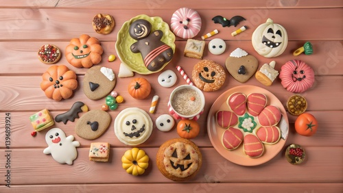 Sweet yellow gingerbread pattern art on a wooden food snack table
