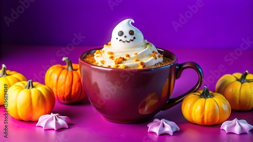 Halloween pumpkin still life with sweet chocolate and a teacup