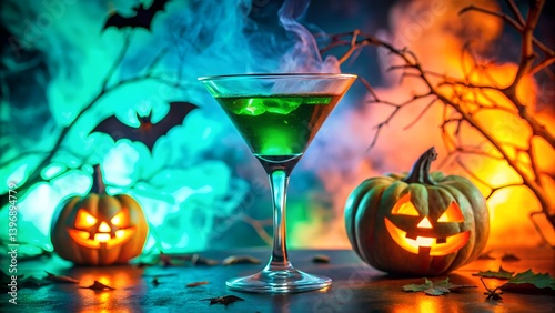 A vibrant red cocktail featuring a small Halloween pumpkin floats within a chilled martini glass