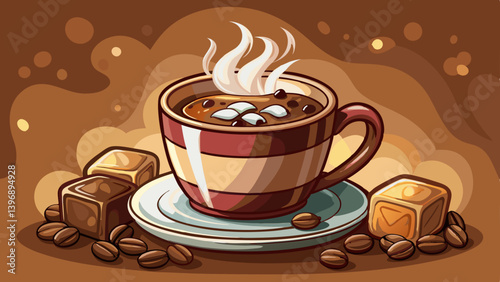 Cup of hot chocolate with marshmallows on a table full of cocoa powder and coffee beans. The steam from the cup is rising up. The background is brown.