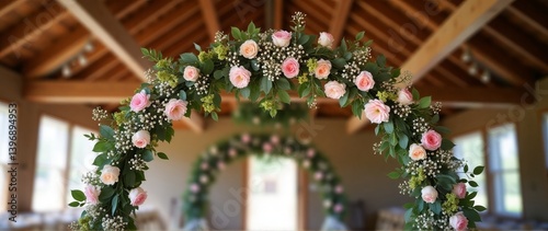 Rustic wooden arch decorated with pastel flowers in a barn, spring weddings, close