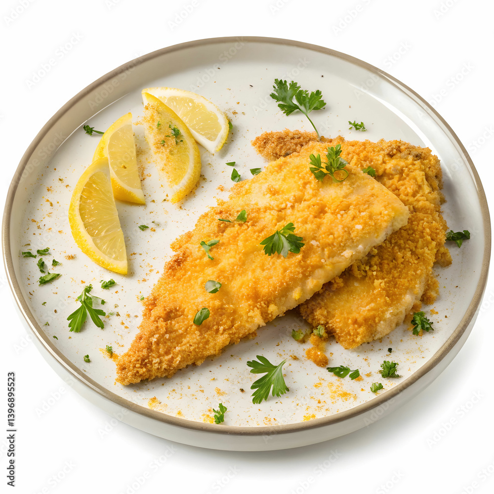 plate of cornmeal crusted fish on transparent back plate of cornmeal crusted fish on transparent back