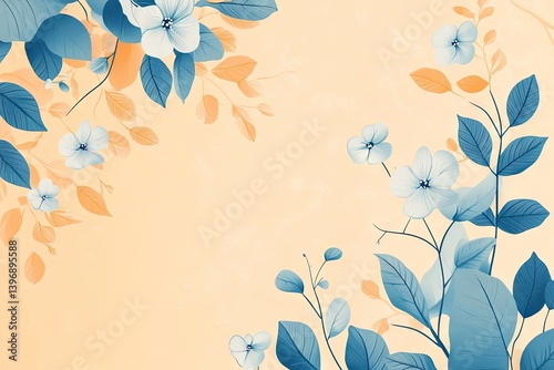 Delicate floral design with pale blue and peach blossoms on a pastel beige background. photo