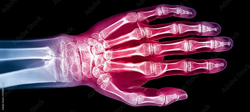 Hand pain trauma x-ray visual. Medical treatment healthcare concept. Generative AI technology.