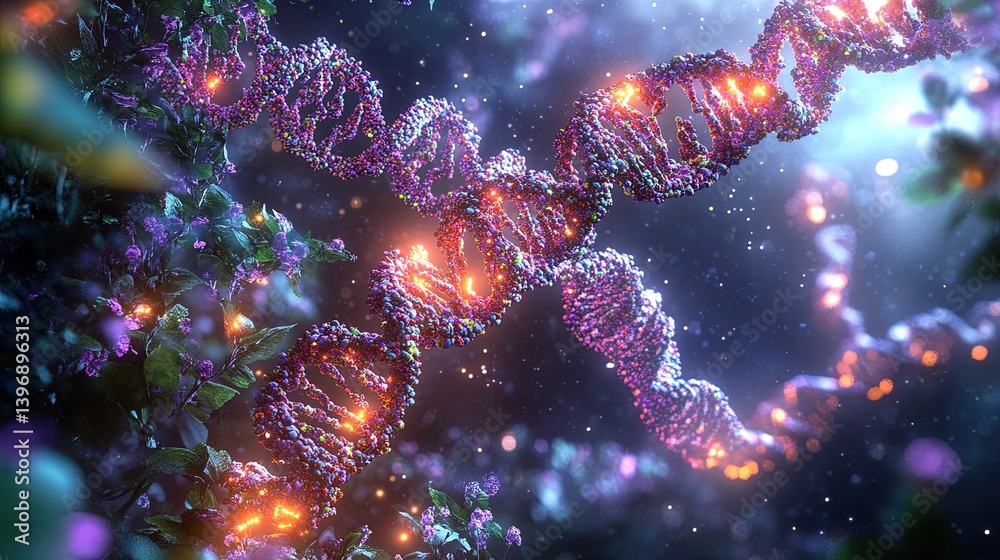 Fototapeta premium A computer screen displaying a complex 3D model of the human genome with animated proteins and genetic sequences