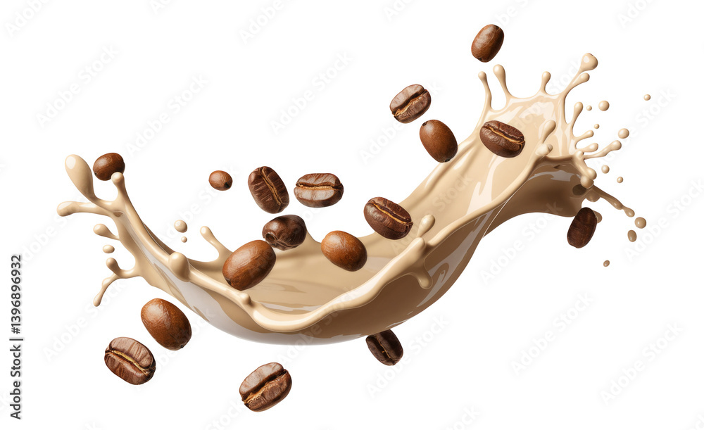 coffee beans splashing in cream, Isolated on Background