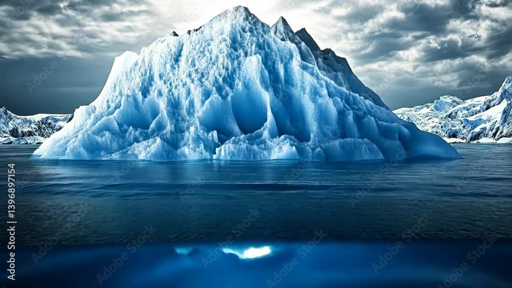 Majestic iceberg floats in serene waters under a cloudy sky at dawn in the Arctic region