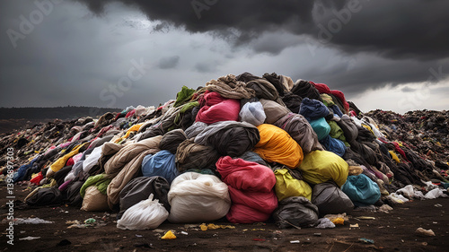 a large mound of textile and plastic  waste in a landfill symbolizing wasting and pollution, landfill under dark gray scary sky, pile of garbage bags