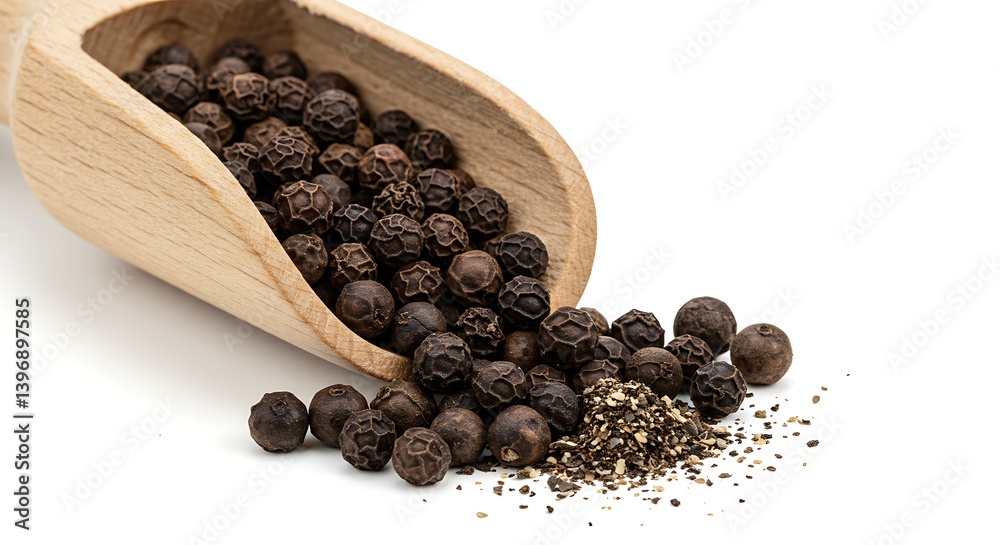 Pouring Black Peppercorns From Wooden Scoop Isolated on White Pouring Black Peppercorns From Wooden Scoop Isolated on White