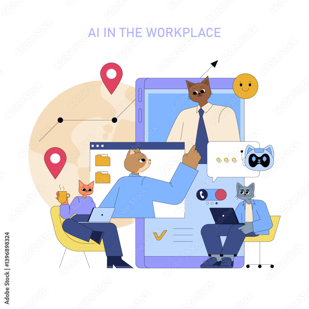 AI In The Workplace. Flat Vector Illustration AI In The Workplace. Flat Vector Illustration