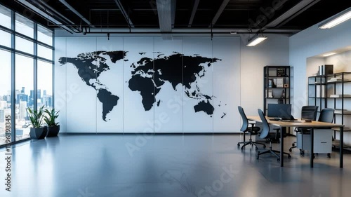 Elegant glass world map etched design in a sophisticated modern office setting. Ideal for business and creative themes.