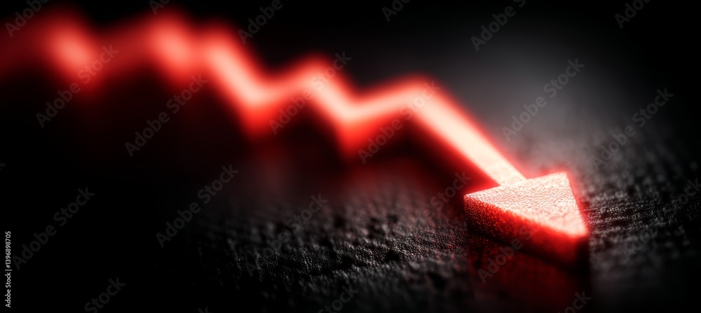 Glowing red business arrow down. Finance crisis depression market. Generative AI technology.