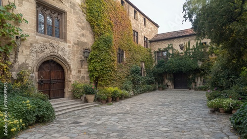 Medieval Style Stone Courtyard with Ivy Covered Walls and Flowers