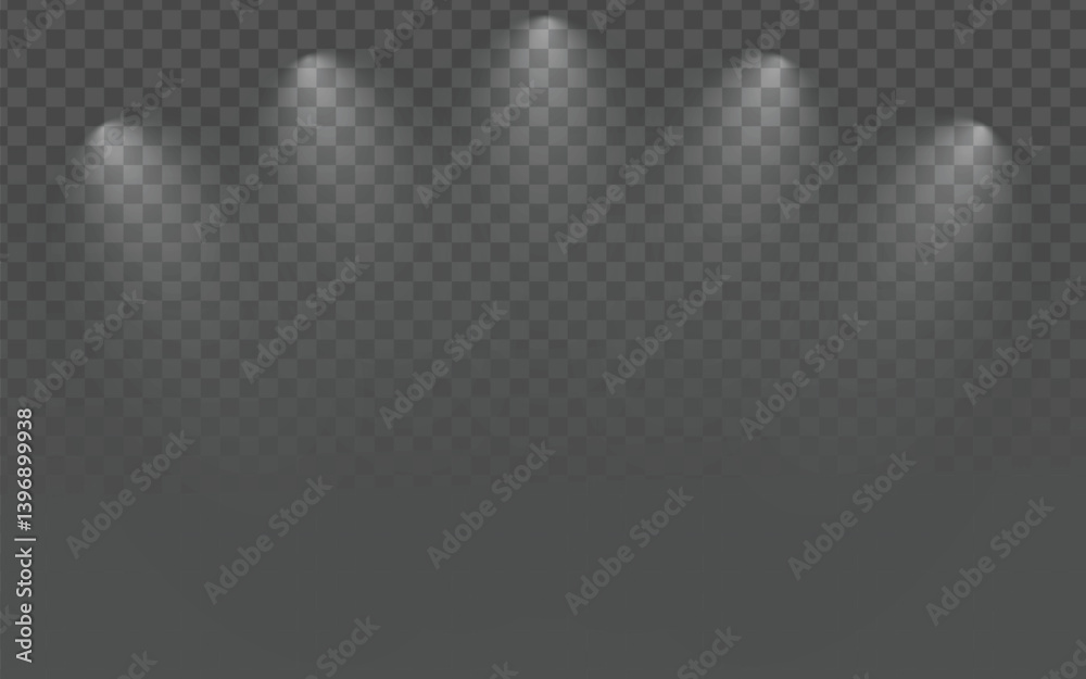 Five bright white spotlights shining downwards with a misty or foggy effect, on a transparent light gray checkered background. Ideal for creating a dramatic, atmospheric, or stage-like illumination.