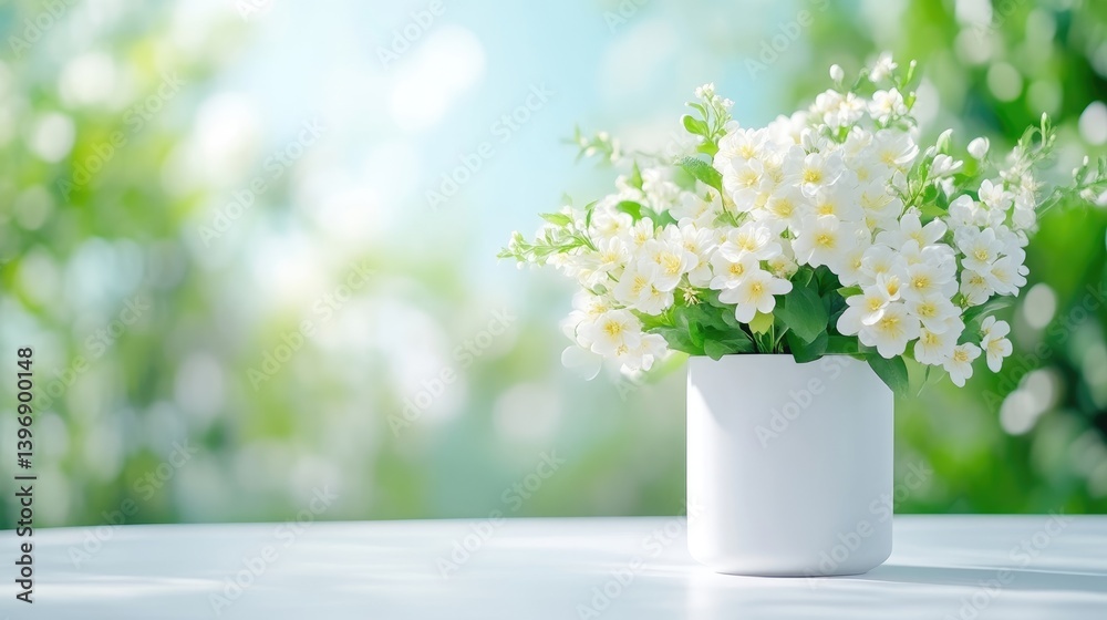Fototapeta premium Delicate white flowers in a vase, outdoor setting