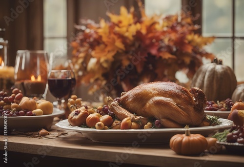 ambiance thanksgiving feast wooden holiday autumnal setting background table display ambience turkey cranberry festivity festive decoration gathering food puckered pumpkin cornucopia autumn meal fall