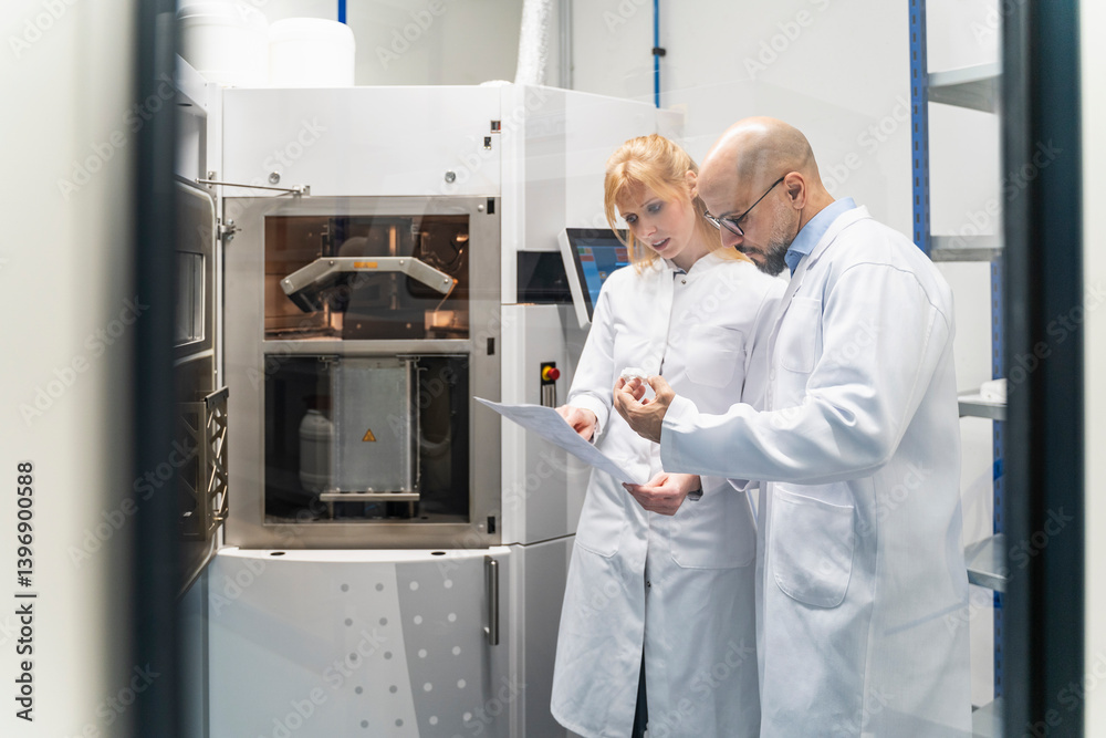 Engineers in a laboratory checking a 3-D printer Engineers in a laboratory checking a 3-D printer