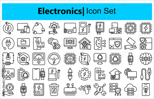 Electronics icons set. Set of laptop, smart watch, fitness bracelet, smartphone, tablet, monitor, tv box, camera, dvr, game console, gps navigator, video projector, adsl modem icons
