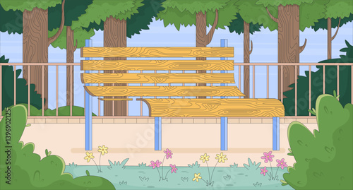 Empty wooden bench in serene forest park flat illustration background. Peaceful solitude. Outdoor calm scenery, greenery trees curved seating 2D cartoon backdrop. Colorful scene vector art image