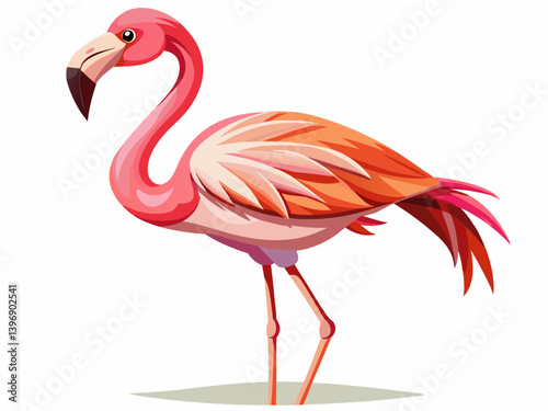 A vector illustration of a standing pink flamingo, isolated on a white background