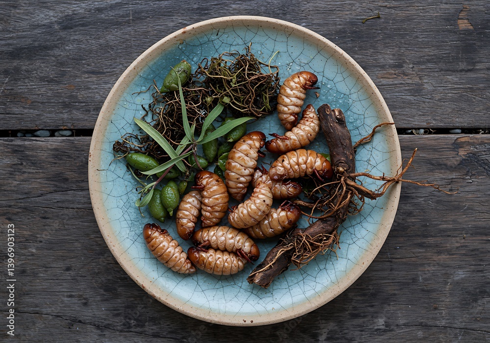 Palm Weevil Larvae Served on Plate with Herbs and Root Palm Weevil Larvae Served on Plate with Herbs and Root
