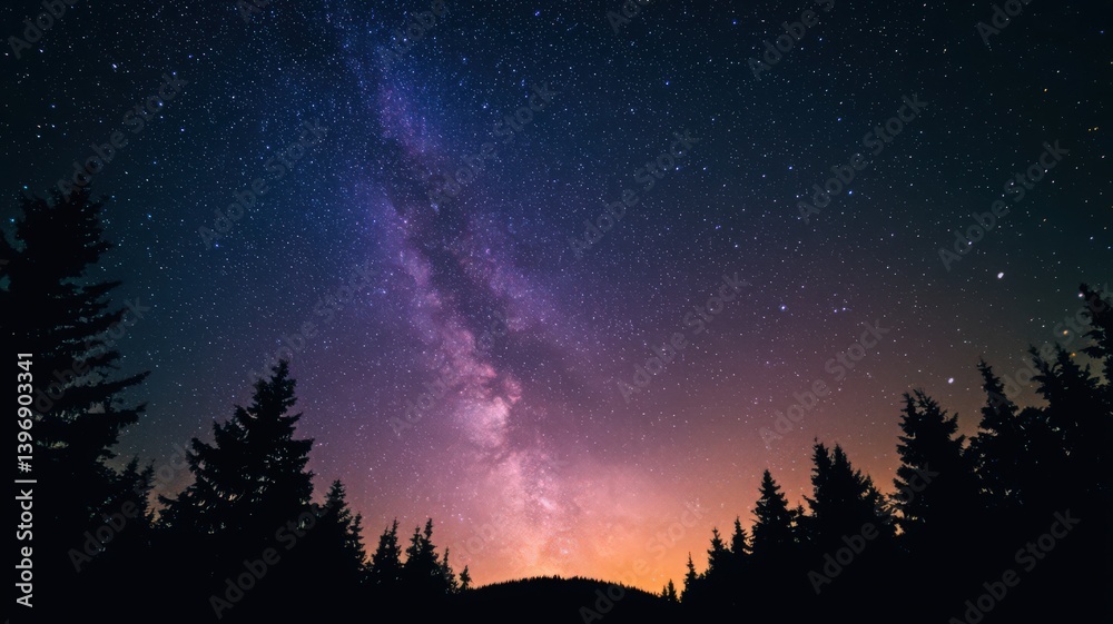 Naklejka premium Milky Way Galaxy Over Silhouetted Pine Forest at Night