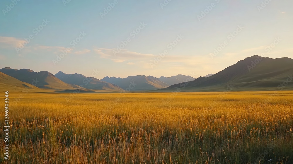 Fototapeta premium A golden field stretches toward distant mountains under a clear sky.