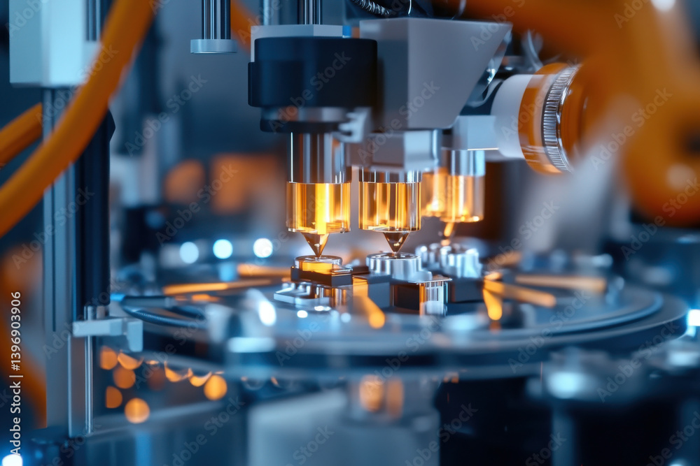 Advanced automation system works on precision assembly at a high-tech manufacturing facility in the evening