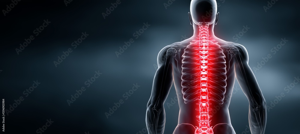 Human spine red pain on X-ray visual. Medical injury treatment healthcare concept. Generative AI technology.