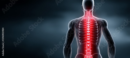 Obraz na płótnie Human spine red pain on X-ray visual. Medical injury treatment healthcare concept. Generative AI technology. w salonie