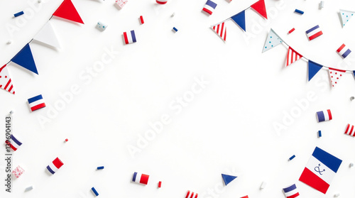 Festive French themed party bunting and confetti border on white background perfect for Bastille Day celebrations or nautical events with vibrant red white and blue colors