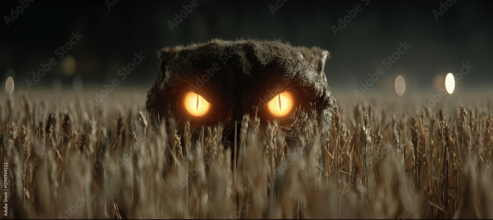 Animal monster with glowing eyes on night bush. Horror creepy haunted background. Generative AI technology.