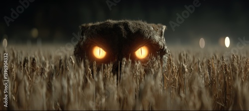 Animal monster with glowing eyes on night bush. Horror creepy haunted background. Generative AI technology.	
