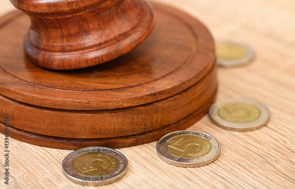 Fototapeta premium Młotek sędziowski otoczony monetami, koszty sprawiedliwości 
