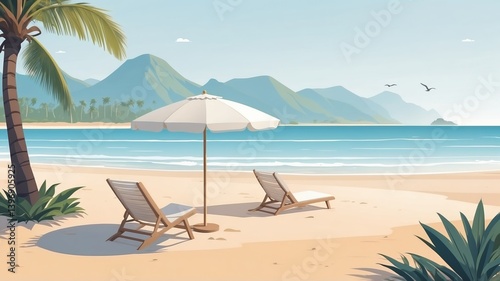 Tranquil Beach Scene with Striped Chairs and Palm Tree in Soft Oval Frame