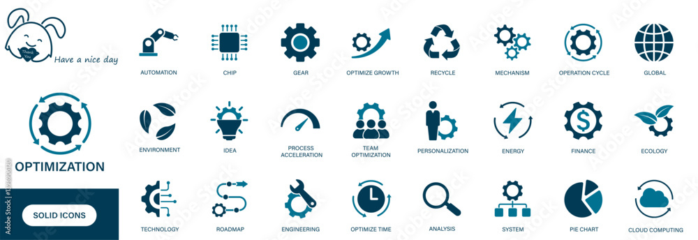 Optimization icon. Containing team optimization, automation, efficiency, operation cycle, process acceleration.