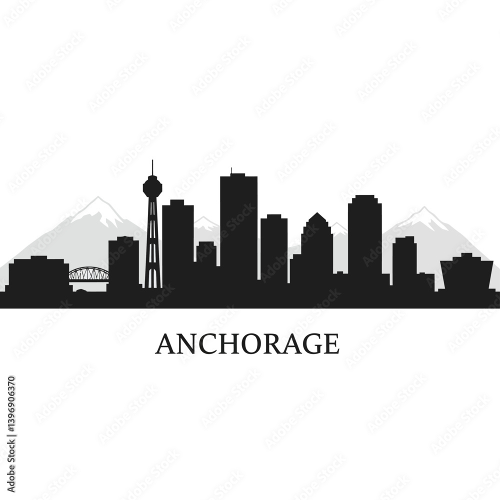 Fototapeta premium Anchorage Alaska Skyline Silhouette with Mountains.