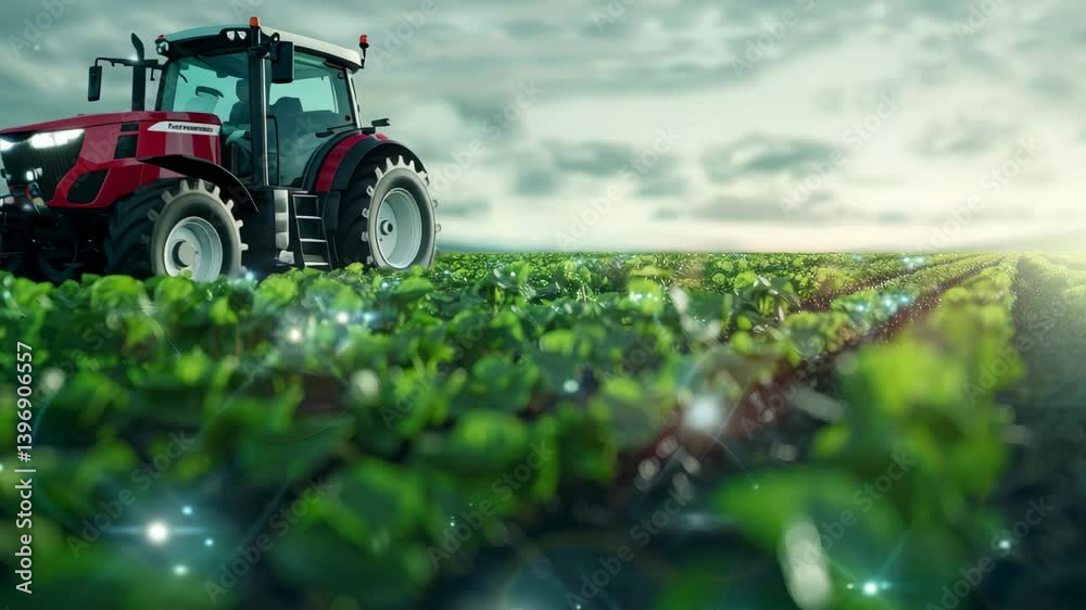 A red tractor in a field of green crops under a partly cloudy sky, with digital enhancements suggesting modern agriculture technology.