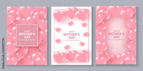 Mother's Day card, banner, poster, flyer, label or cover with pink hearts, loves, can be used for Valentine's day, holiday templates, Womens Day, birthday, cosmetic products, Easter decor, web, ads.